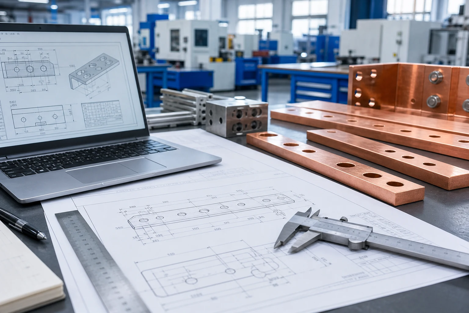 Technical review desk with copper conductor drawings and finished samples